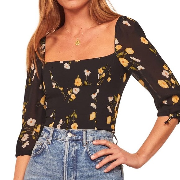 Reformation Grove Square Neck Half Sleeve Black and Yellow Floral Top Size 0